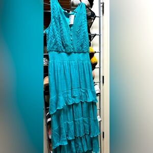 Teal Crochet Tiered Sleeveless Button Front Maxi Dress by J GEE, size L